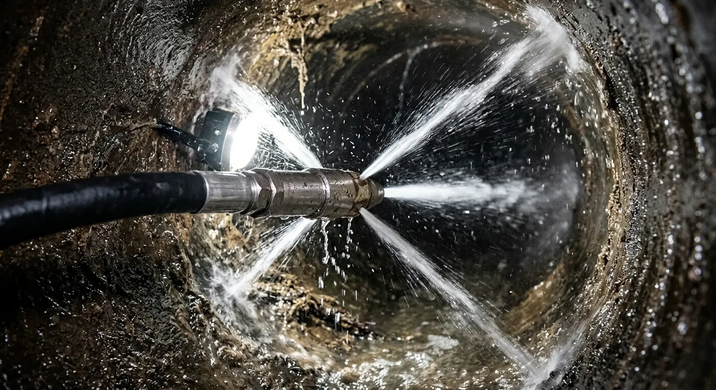 High-pressure hydro jetting nozzle cleaning sewer pipe for Emergency Drain Service in Miami Beach