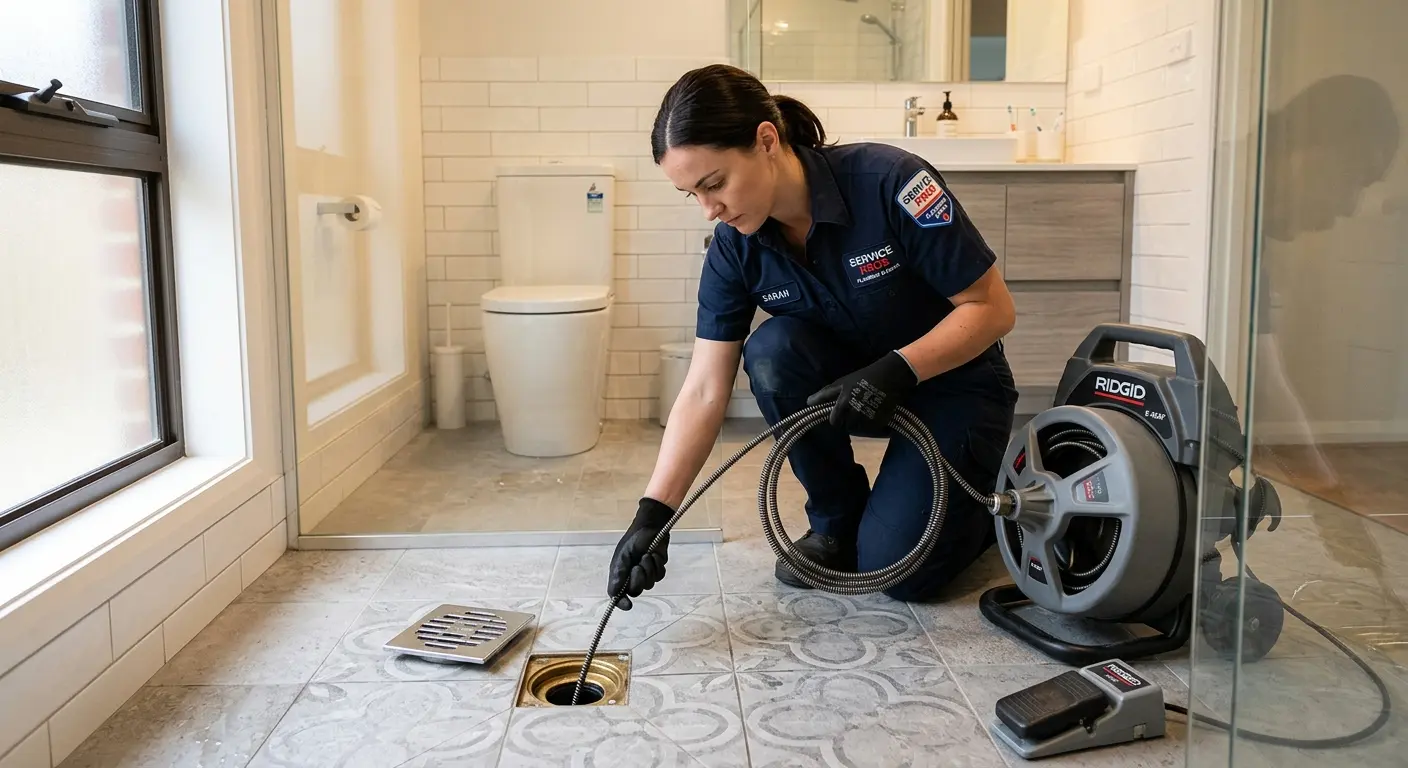 Technician clearing a bathroom floor drain for Drain Cleaning in Miami Beach